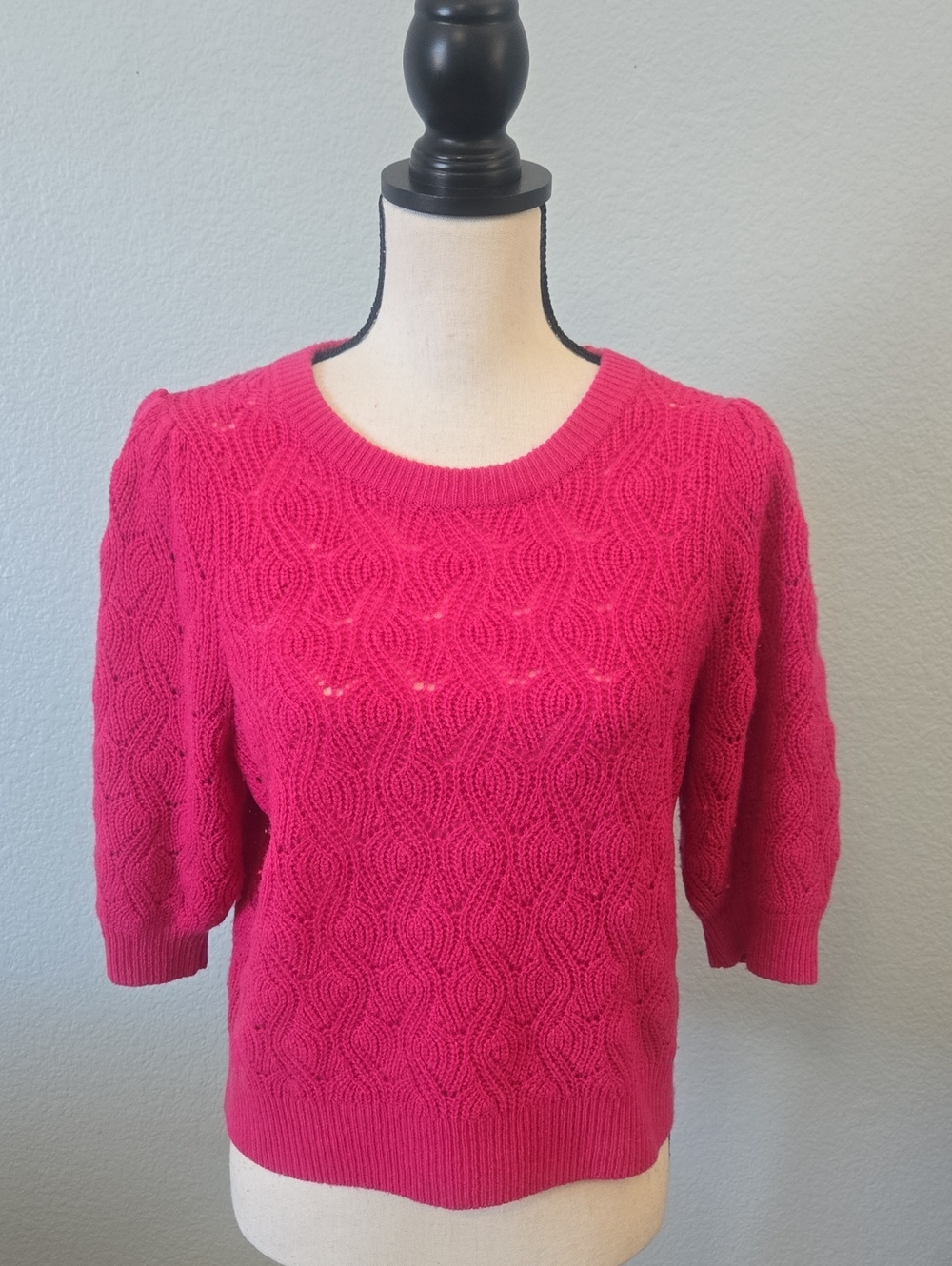 JOIE Short Sleeve Cable Knit Crewneck Sweater Pink Wool Cashmere Blend Sz Medium